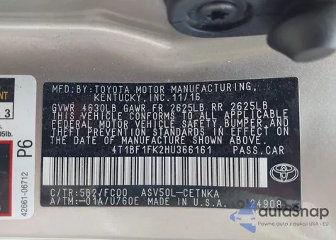 2017 Toyota Camry Le z USA, uszkodzony, nr VIN 4T1BF1FK2HU366161